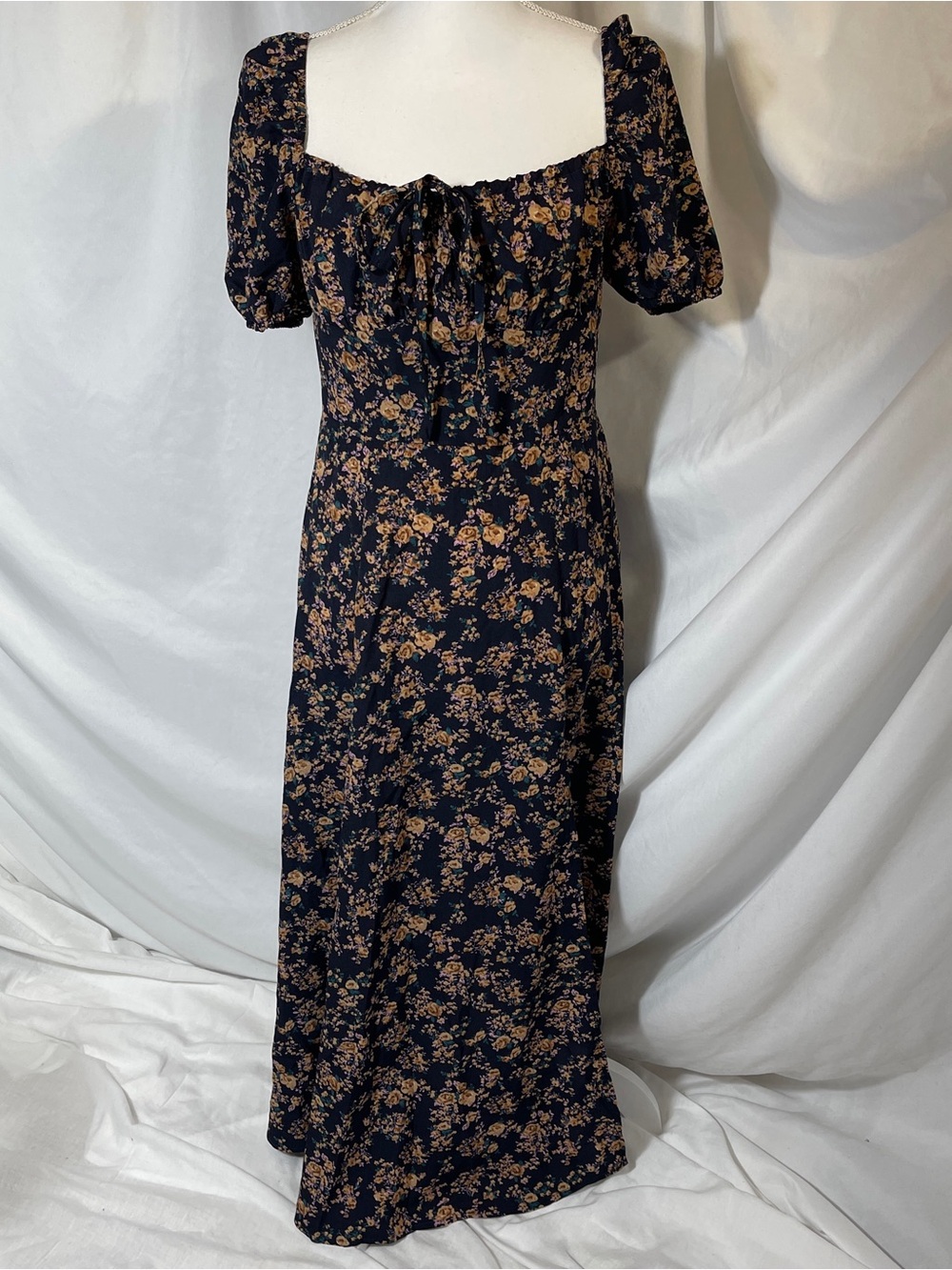 Midnight Navy Floral Puff Sleeve Cottagecore Midi Dress M US 6
